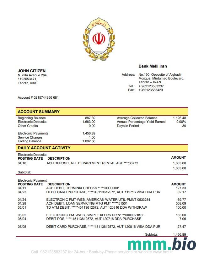 Iran Melli szablon wyciągu bankowego w .xls i .format pliku pdf
